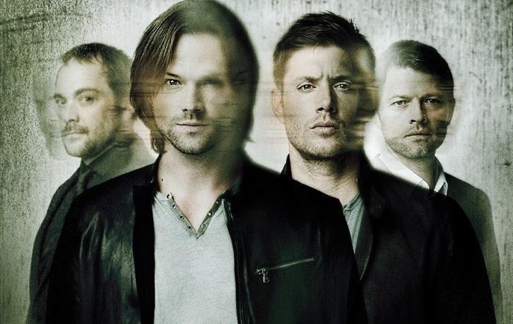 Supernatural Season 11 promo picture. Characters in order from left to right, Crowley (Mark Sheppard), Sam Winchester (Jared Padalecki), Dean Winchester (Jensen Ackles), and Castiel (Misha Collins)