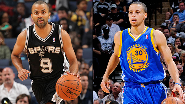 Tony Parker (black jersey) and Stephen Curry (blue jersey) in Conference Semi- Finals Game 3, 2014-2015 season playoffs