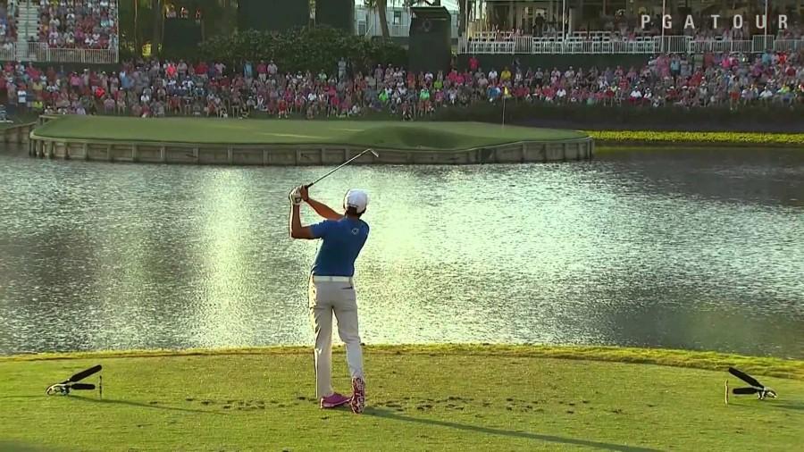 Rickie Fowler hits his tee shot on hole 17 during the final round of the 2015 Players Championship 